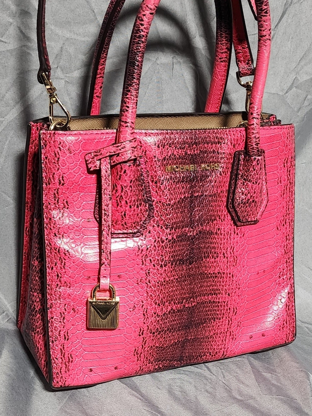 Michael Kors Mercer Medium Ultra Pink Snakeskin Embossed Handbag Crossbody Purse
